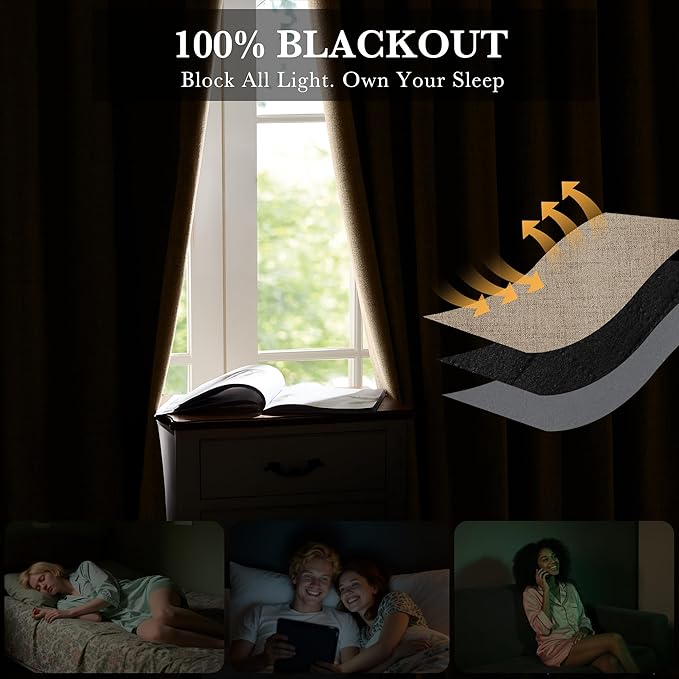 RYB HOME Burlap 100% Blackout Linen Curtains 72 inch Long, Thermal Insulated & Privacy Assurd Drapes for Bedroom/Office/Nursery, Rod Pocket & Back Tab Window Treatment, W52 X L72, 2 Panels