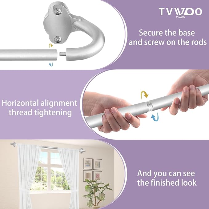 TVWOO Silver Wrap Around Curtain Rods:5/8 In Blackout Adjustable Window Curtain Rod for Bedroom Kitchen Apartment Renter Friendly,Room Darkening Curved Drapery Rods Easy Install,Antique Silver 28-60"