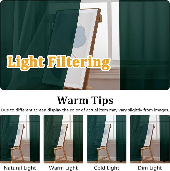 Gwine Hunter Green Sheer Curtains 90 Inches Long 2 Panels Set, Light Filtering Solid Filmy Drapes for Living Room Bedroom, Elegant Soft Rod Pocket Voile Sheer Window Curtains, 42Wx90L Inch, 2PCS