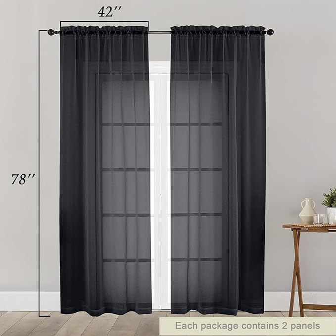 Black Sheer Curtain for Bedroom Living Room 78 Inches Long 2 Panels Set, Solid Soft Airy Light Filtering Sheer Window Curtains, Modern Rod Pocket Door Curtain, Black, 42" Wx78 L Inches
