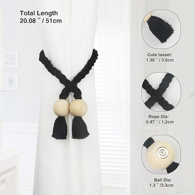6 Pack Magnetic Curtain Tiebacks Cotton Hand Woven Tie Back Decorative Rope Holdbacks for Curtains Draperies No Tools Required, Black