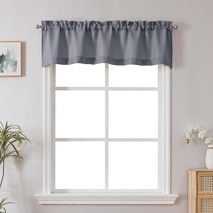 Chyhomenyc Dark Grey Valance for Windows, Light Filtering Faux Linen Solid Short Curtain Valance, Burlap Decorative Small Curtain for Kitchen Bathroom Laundry Basement, 60Wx12L inch, 1 Piece
