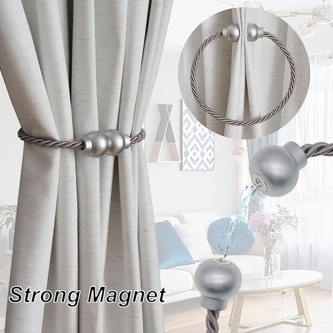6 Pack Magnetic Curtain Tiebacks Modern Handmade Rope Curtain Tie Backs Decorative Drapes Weave Holdbacks for Home Outdoor Bedroom Office Decorative Curtain, Grey