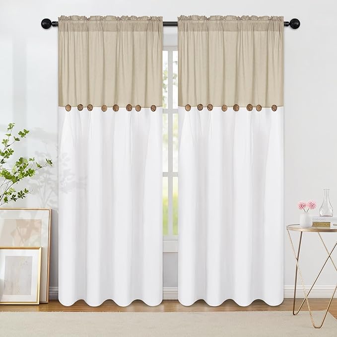 FRAMICS Farmhouse Cotton Linen Curtains for Living Room, Boho Button Curtains 84 Inch Length 2 Panels, Rustic Country Linen Window Curtain for Bedroom Rod Pocket Drapes, 52 x 84 Inch, Linen and White