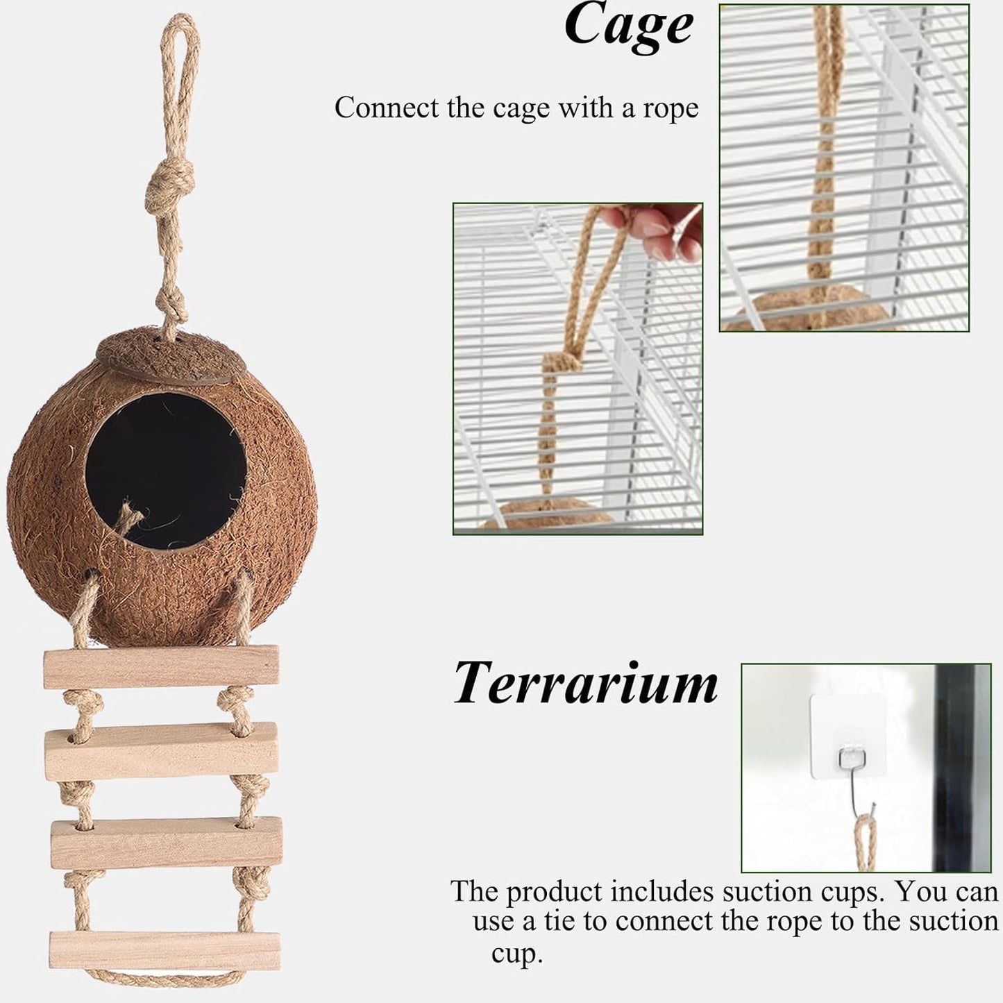 HERCOCCI Gecko Tank Accessories, Hermit Crab Toys Coconut Shell Natural Coconut Husk Hut with Climbing Ladder with Suction Cup for Leopard Gecko Snake Reptiles