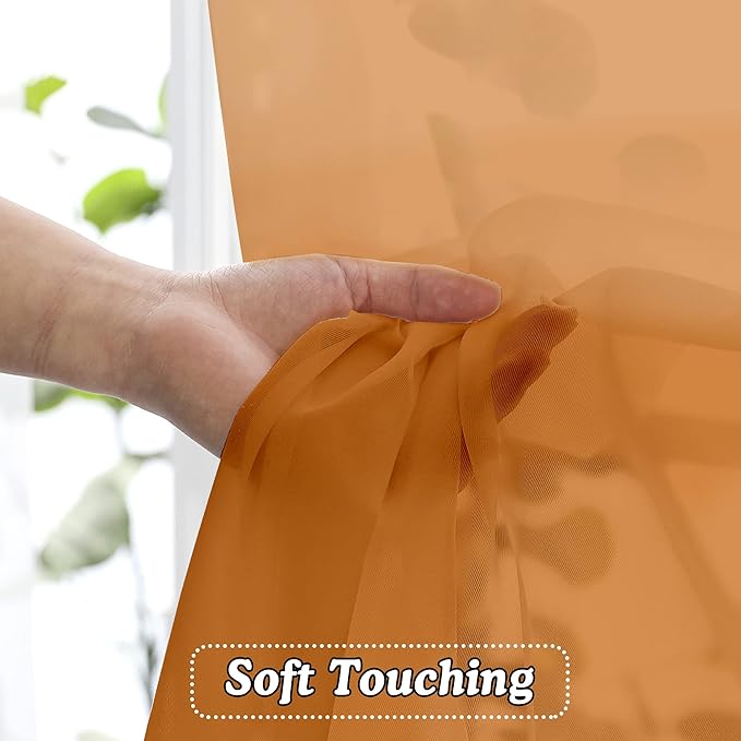 OVZME Orange Sheer Curtains 45 Inches Long 2 Panels, Light Filtering Sheer Curtains for Bedroom, Elegant Airy Draperies for Living Room Nursery Room, Dual Rod Pocket, Each 42Wx 45L