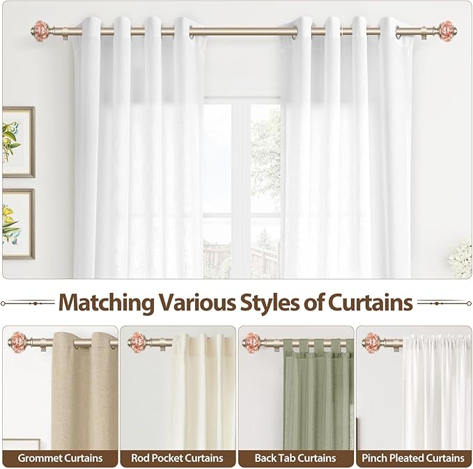 Curtain Rods for Windows 48 to 84 Inch, USFOOK 7/8 Inch Rose Gold Curtain Rod 32 to 86 Inch, Telescoping Splicing Drapery Rods with Decorative Translucent Finials