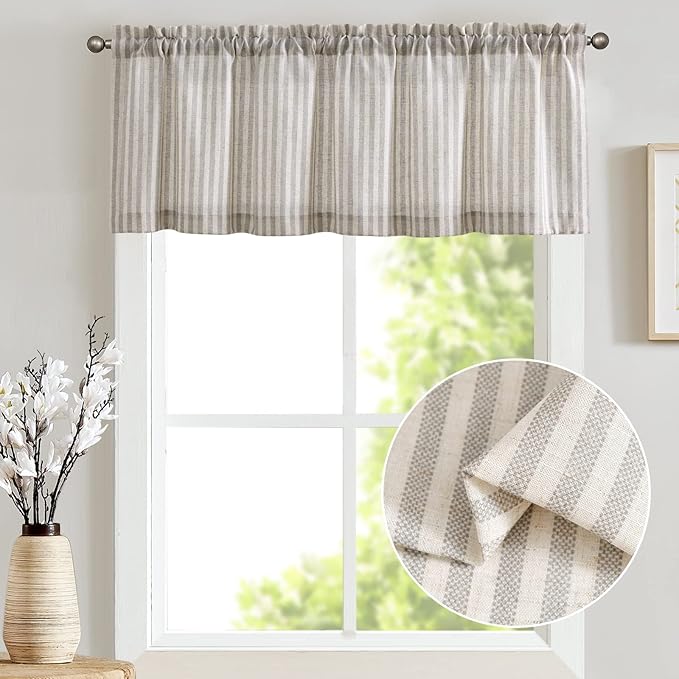 jinchan Valance Curtain Linen Textured Striped Window Curtain for Living Room Light Filtering Farmhouse Valance for Kitchen Rod Pocket 1 Panel 16 Inch Taupe Grey on Linen 1 Panel