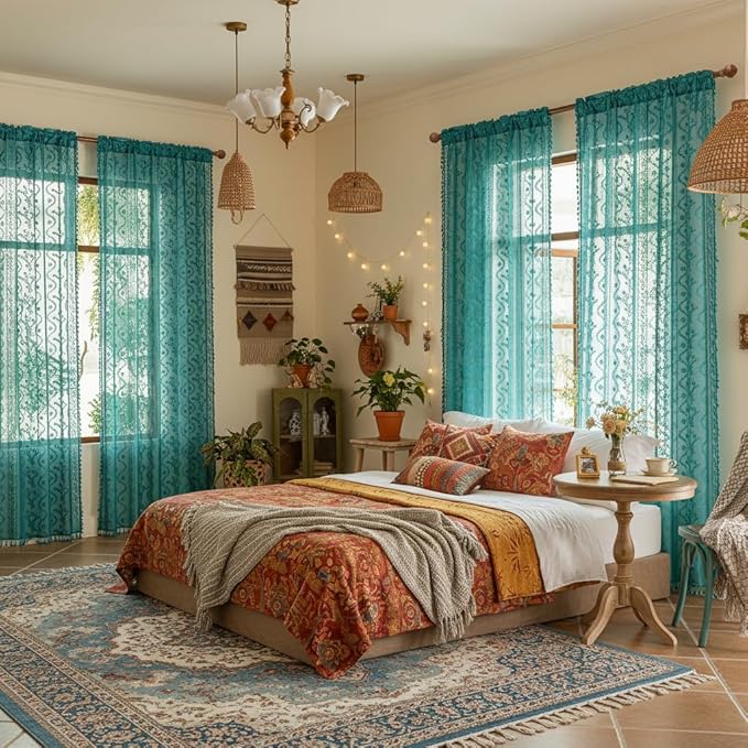WAZZIO Boho Lace Curtains 2 Panels 84 Inch -Victorian Sheer Panel Drape French Country Floral Pattern & Tassel Light Filtering Privacy for Bedroom Dining Living Room,Coastal Decor,Teal,W52x L84