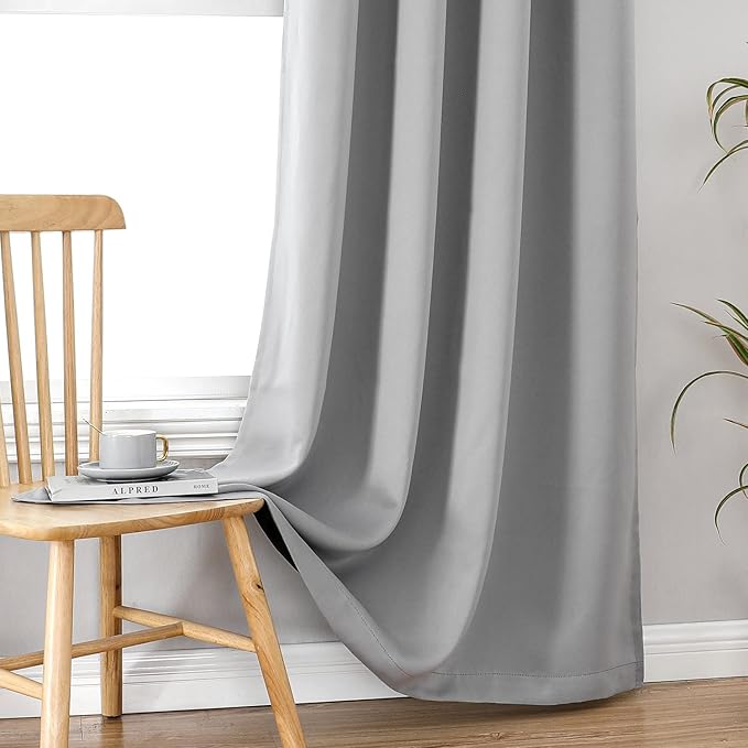 ChrisDowa 100% Blackout Curtains for Bedroom with Black Liner, 2 Thick Layers Total Blackout Thermal Insulated Grommet Window Curtains 63 Inch Length 2 Panels Set (Light Grey, 52 x 63 Inch)