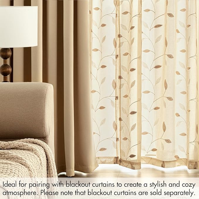 MIULEE Khaki Sheer Curtains 2 Panels Embroidered Leaf Patterned Rod Pocket Floral Semi Sheer Faux Linen Window Curtains Drapes Set for Living Room Bedroom Dining Room, 52x96 Inches Long