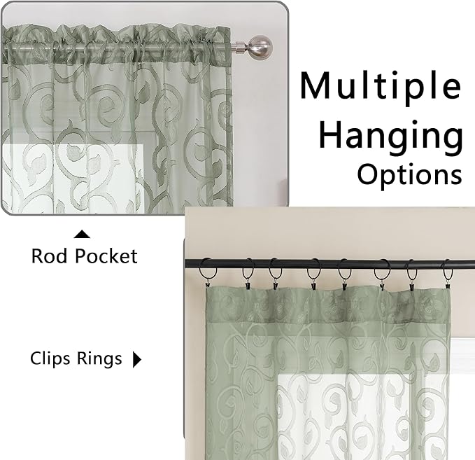 OWENIE Furman Sage Green Semi Sheer Curtains 72 inches Long for Bedroom Living Room 2 Panels Set, Light Filtering Door Curtains Elegant Clip Jacquard, Rod Pocket Window Treatments, 2 Pcs = 84" Width