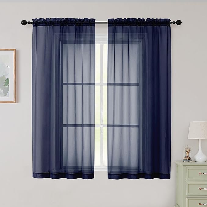 Sheer Navy Blue Curtains for Bedroom Living Room 54 Inch Length 2 Panels Set, Solid Soft Airy Light Filtering Window Treatments, Modern Rod Pocket Drapes, Navy Blue, 42" Wx54 L Inches