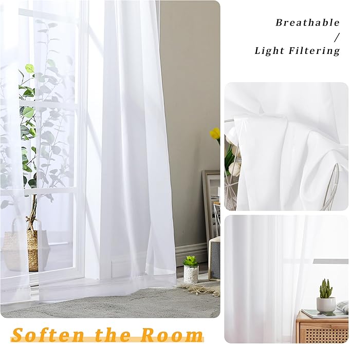 Gwine White Sheer Curtains 68 Inches Long 2 Panels Set, Light Filtering Sheer Curtains for Living Room Bedroom, Modern Voile Soft Airy Rod Pocket Drapes, 42Wx68L Inch, 2PCS