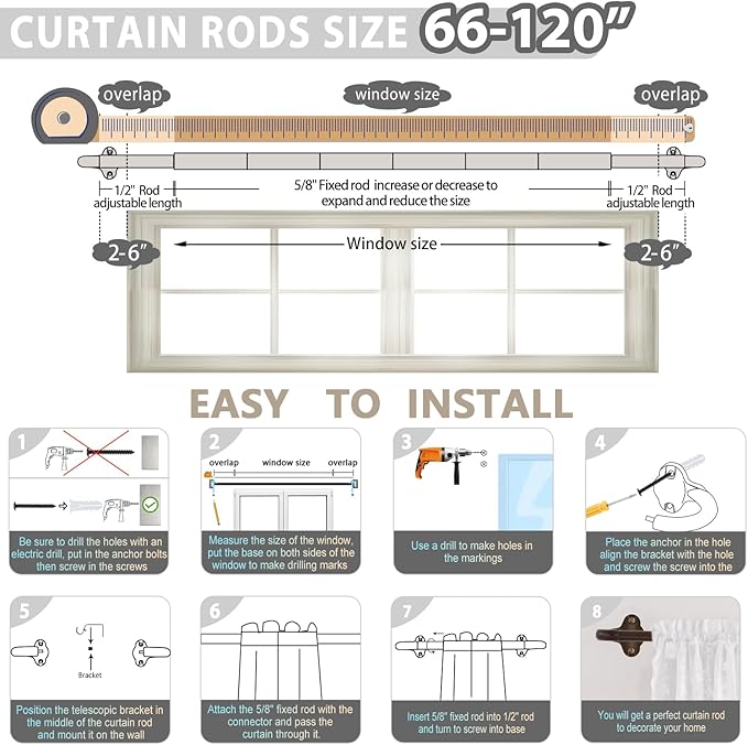 TVWOO Bronze Wrap Around Curtain Rods:5/8Inch Blackout Adjustable Window Curtain Rod for Bedroom Kitchen Apartment Renter Friendly,Room Darkening Curved Drapery Rods Easy Install,Antique Brown 66-120"