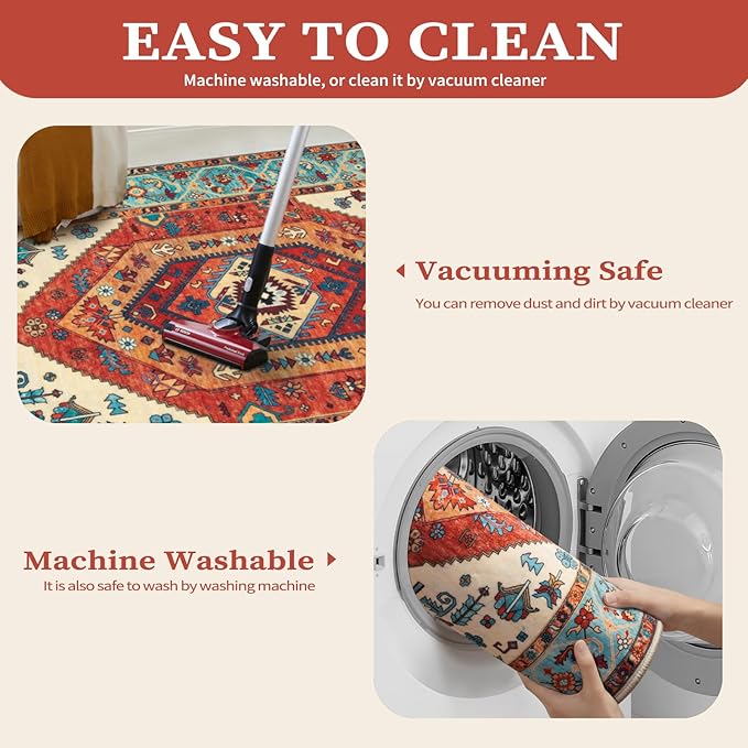SERISSA 2x4 Boho Rugs for Entryway, Washable Non-Slip Kitchen Runner Rug, Ultra Soft Small Area Rug Vintage Orange Low-Pile Door Mat Indoor Entrance Carpet for Bedroom Hallway Laundry Room Bathroom