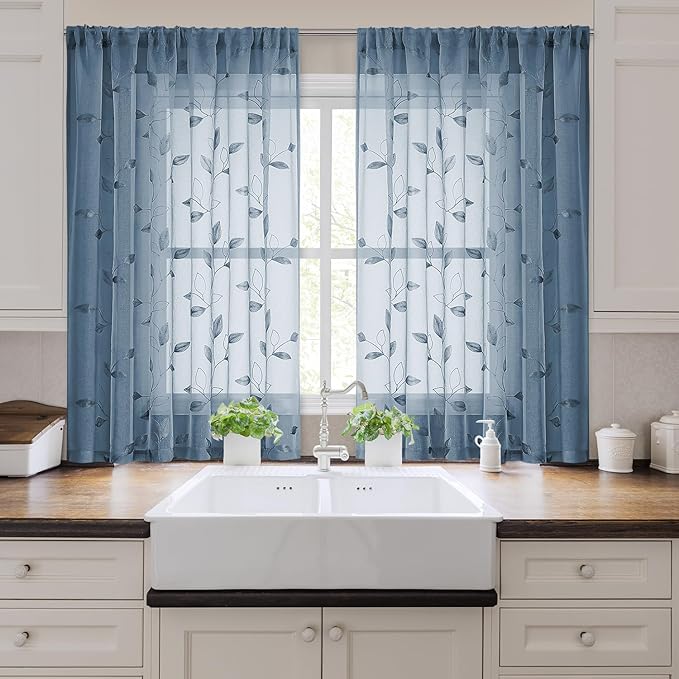 HOMEIDEAS Stone Blue Sheer Kitchen Curtains 52 x 45 Inch Length 2 Panels Embroidered Leaf Pattern Short Curtains for Bedroom Half Small Bathroom Window Rod Pocket Tiers
