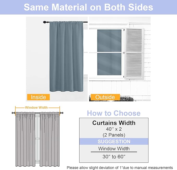 Simplebrand Ava Stone Blue Blackout Curtains for Bedroom 63 Inch Length 2 Panels, Solid Thermal Insulated Energy Saving Rod Pocket Window Treatment Curtains Blackout Drapes, W40 x L63 Inch, Stone Blue