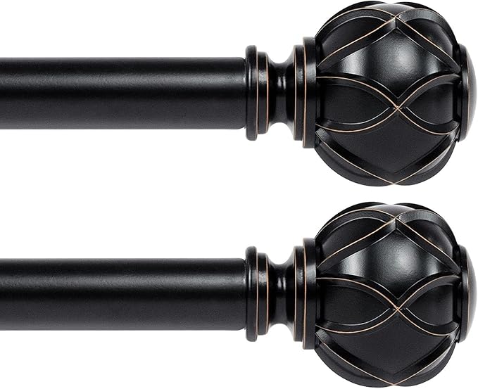 KAMANINA 1 Inch Curtain Rod Telescoping Single Drapery Rod 28 to 48 Inches (2.3-4 Feet), 2 Pack Black Curtain Rods for Windows 16 to 44 Inches, Netted Texture Finials