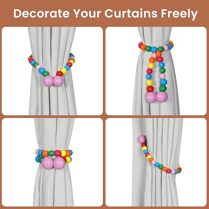 KLOGTSIND Magnetic Curtain Tiebacks, Curtain Tie Backs for Curtains 2 Pack, Wood Bead Curtain Tiebacks, Curtain Holders for Boho Bedroom Decor, Baby Nursery Decor, Farmhouse Décor