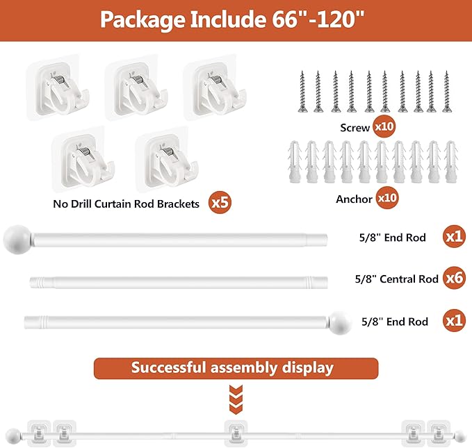 Curtain Rods No Drilling for Windows Set 66 to 120-128 Inch,5/8 Inch Diameter Drapey Pole with No Drill Curtain Rod Brackets,Renter Friendly Cortineros Para Ventanas with Adhesive Holder Hook White