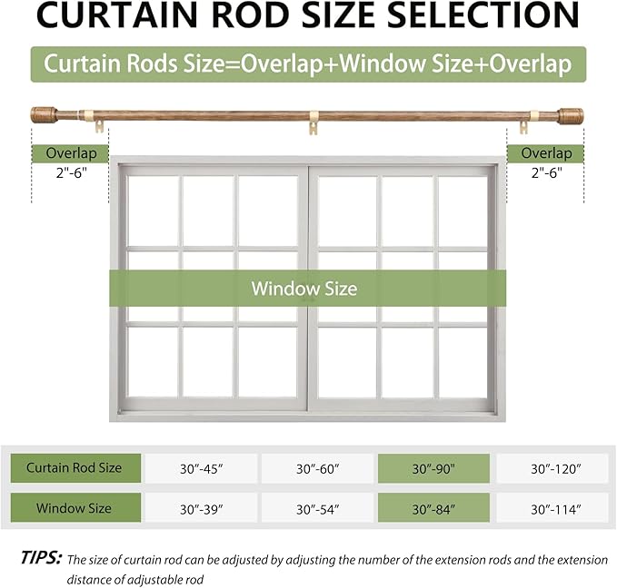 5/8” Diameter Curtain Rods 30-90 Inch, for 30-84 Inch Windows, Adjustable Splicing Wood Grain Curtain Rods for Windows with Brackets, Window Rod Long Small Curtains Rod, 2 Pack
