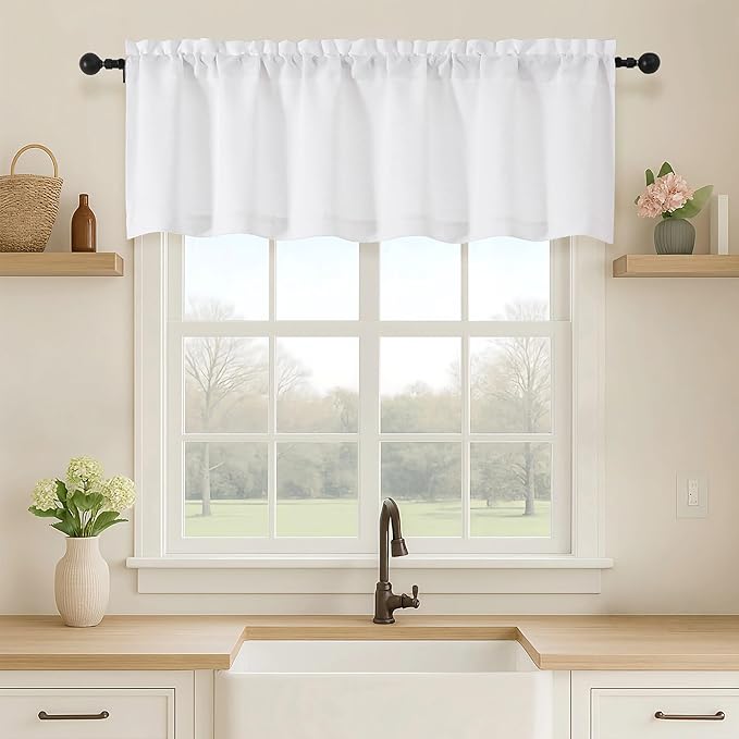 OVZME White Valance for Windows, Light Filtering Thick Textured Small Kitchen Valances for Window, Dual Rod Pocket Farmhouse Short Curtain for Bathroom Basement, 1 Piece, 52Wx16L Inch