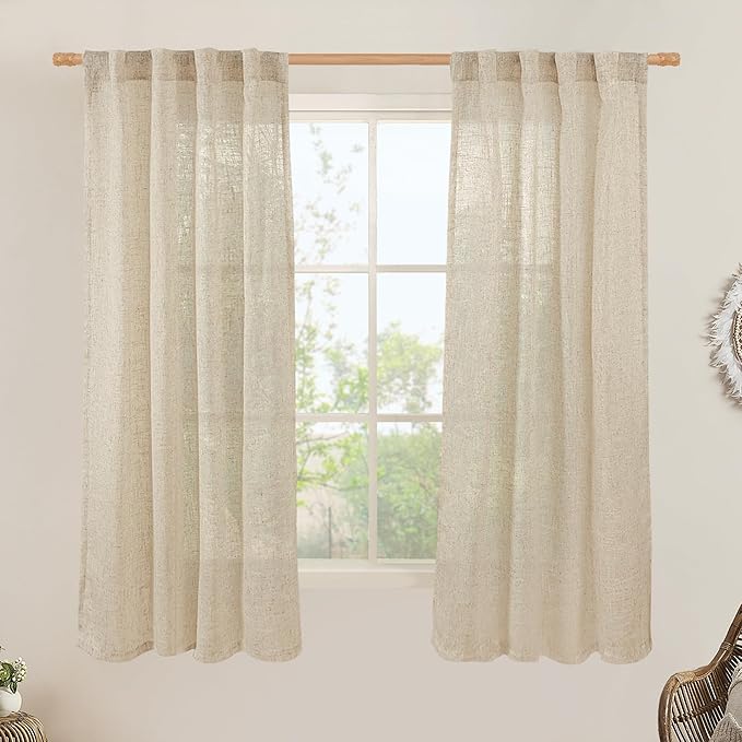 LAMIT Sheer Linen Curtains 63 Inches Long, Semi Sheer Light Filtering Panels Back Tab and Rod Pocket Small Cafe Drapes for Basement/Window/Loft Room, Linen, 2 Panels, 34 x 63 Inch