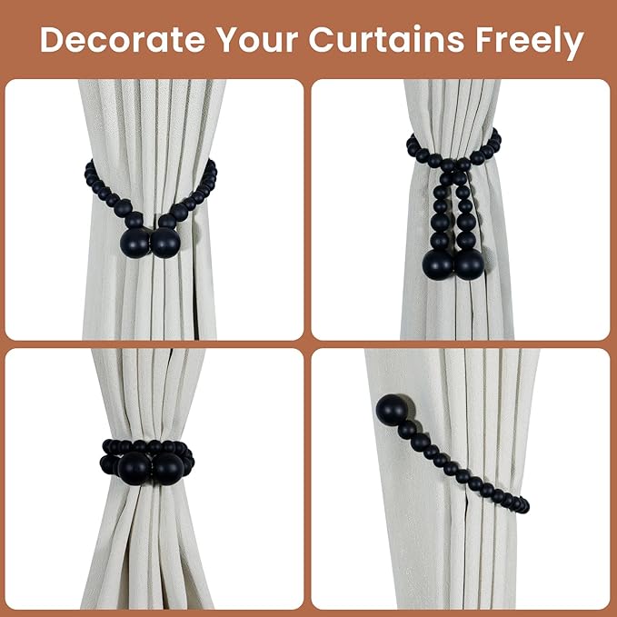 KLOGTSIND Magnetic Curtain Tiebacks, Curtain Tie Backs for Curtains 6 Pack, Wood Bead Curtain Tiebacks, Curtain Holders for Boho Bedroom Decor, Baby Nursery Decor, Farmhouse Decor