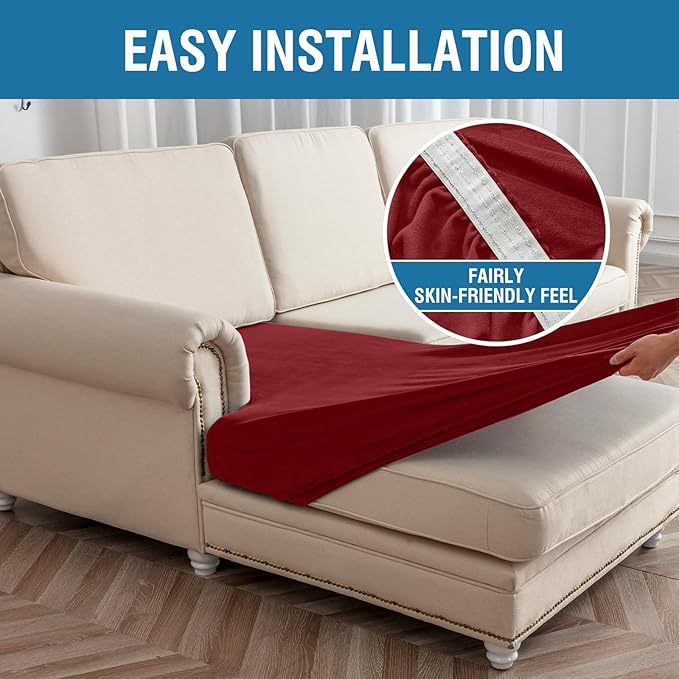 Couch Cover 4-Piece Elastic Velvet Couch Cushion Covers & Chaise Slipcovers for L-Shaped Sofas, Sofa Seat Covers Washable, Soft Cover for Couches (3 Seater + Chaise, Christmas Red)
