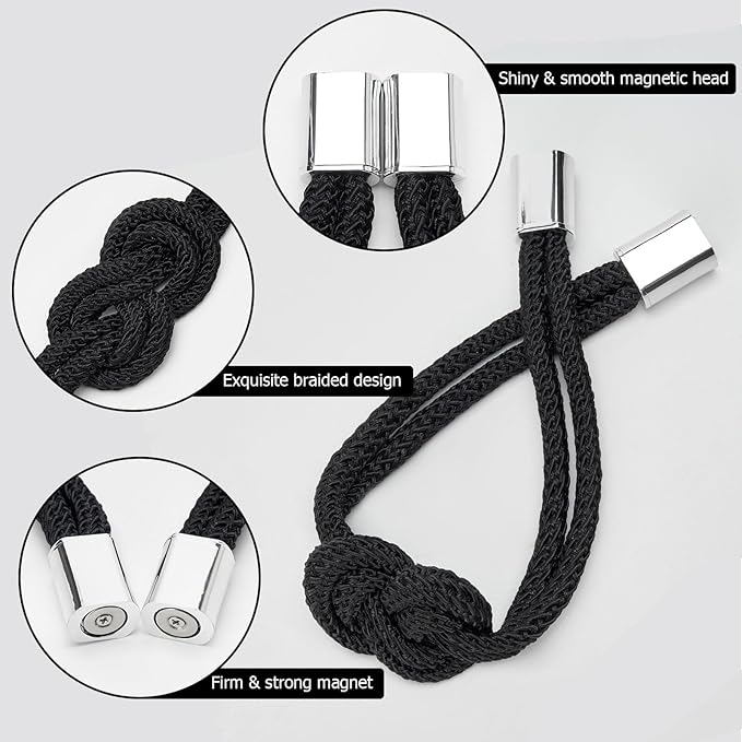 NICEEC 2 Pack Mini Magnetic Curtain Tiebacks Nordic Simple Style Drape Tie Backs Elegant Hand Weave Rope Knot Decorative Curtain Holdbacks for Home & Office Thin Window Drapery (Black)