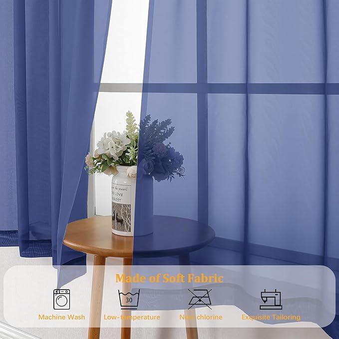 Gwine Royal Blue Sheer Curtains 90 Inches Long 2 Panels Set, Light Filtering Solid Filmy Drapes for Living Room Bedroom, Elegant Soft Rod Pocket Voile Sheer Window Curtains, 42Wx90L Inch, 2PCS