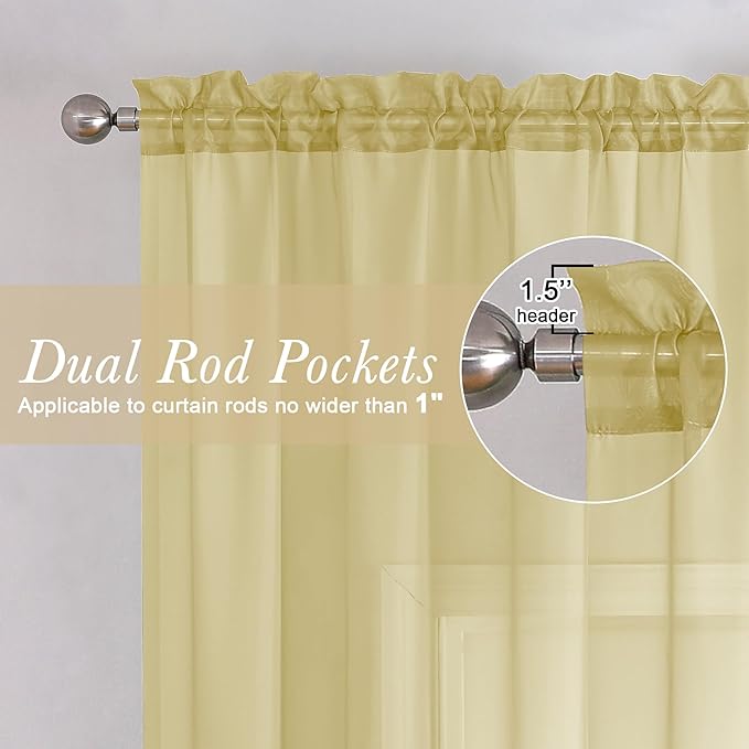 Lecloud Yellow Sheer Curtains 78 Inches Long 2 Panels, Gauzy Light Filtering Breathable Curtain, Solid Voile Home Decor Drapes with Dual Rod Pocket for Dining Room Bedroom, Each 42" W x 78" L