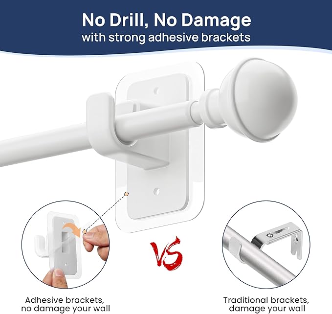 ENJOYBASICS No Drill Curtain Rods for Window 48 to 84 Inches, 5/8 Inch Diameter Renter Friendly Drapery Rod with Adhesive Brackets without Drilling, Adjustable from 27 to 90 Inches, White