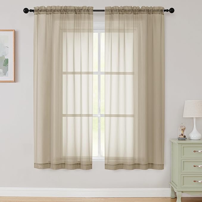 Sheer Taupe Curtains for Bedroom Living Room 63 Inch Length 2 Panels, Airy Soft Light Filtering Sheer Dining Room Curtains, Modern Rod Pocket Drapes, Taupe, Each 42" Wx63 L Inches