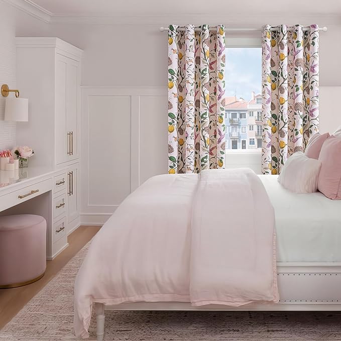 Topfinel Pink Curtains 102 Inches Long Cute Sound Dampening Pretty Vintage Elegant Whimsical Floral Hummingbird Dusty Rose Drapes for Girls Kids Room Aesthetic Living Room 2 Panels