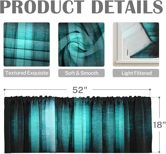 Emvency 2 Pack Valances Window Treatments, Teal Striped Abstract Glass Texture Blackout Drapes Adjustable Curtain for Windows Living Room Kitchen Over Sink, 52x18 Inch Rod Pocket Valances