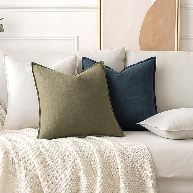 MIULEE Decorative Linen Pillow Covers 18x18 Inch Cream White Boho Farmhouse Neutral Couch Throw Pillows for Bed Pack of 2 Accent Modern Pillowcase Sofa Livingroom Home Decor