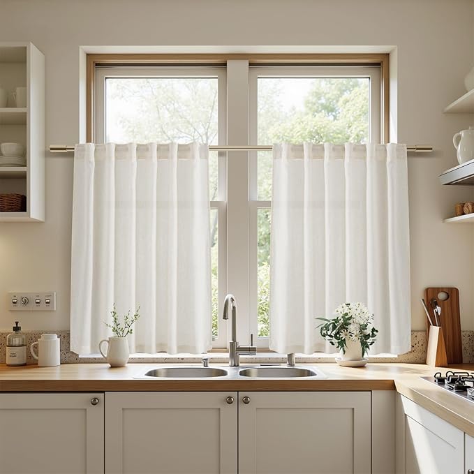 Nanspring Linen Curtains 40 Inch Length for Short Window - Small Semi Sheer Curtains for Cafe Kitchen Bedroom Rustic Farmhouse Decor Light Filtering Cream Curtain, 2 Panels