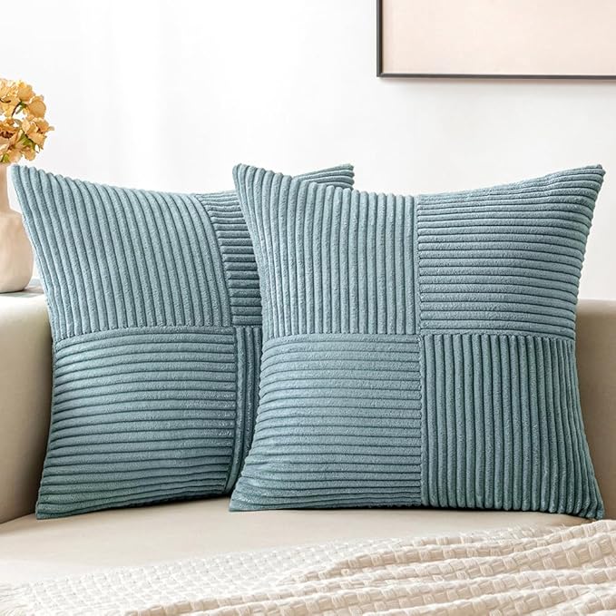 MIULEE Sky Blue Decorative Euro Sham Pillow Covers 24x24 Inch for Bed Couch Sofa Pack of 2 Boho Farmhouse Throw Pillows Soft Cross Corduroy Patchwork Textured Cushion Cases
