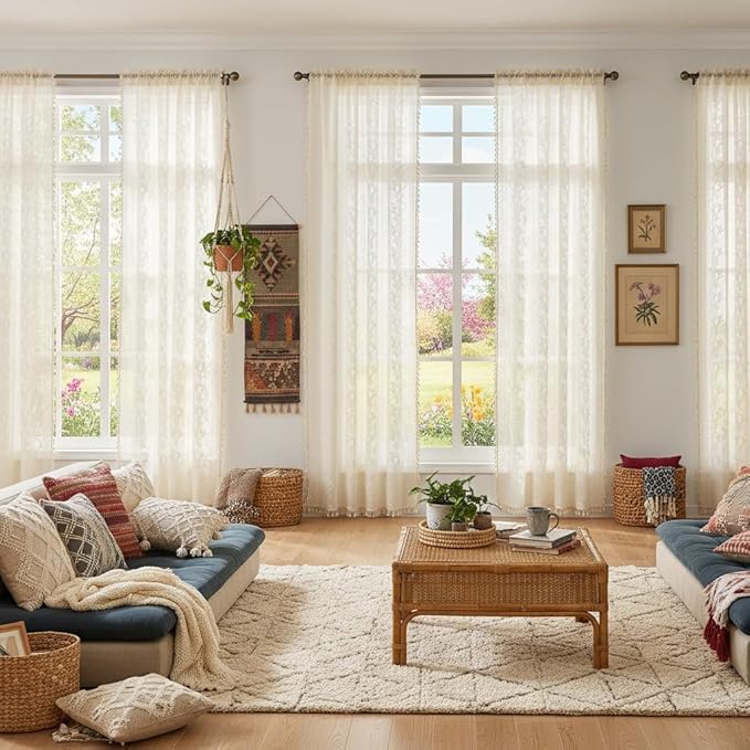 WAZZIO Boho Lace Curtains 2 Panels 80 Inches -Cute Vintage Victorian Sheer Panel Drape French Country Floral Pattern & Tassel Light Filtering Privacy for Bedroom Dining Living Room,Beige,W52x L80