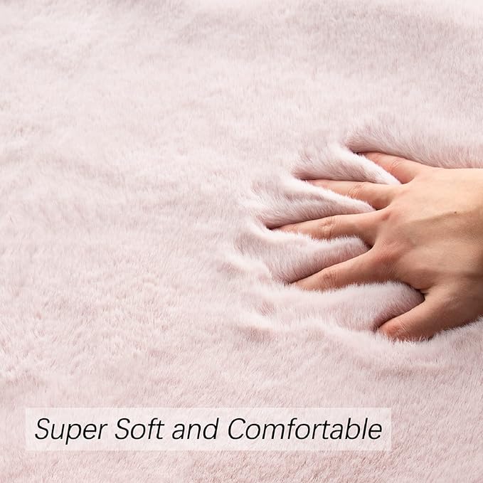ORINOVA Pink Fluffy Shag Carpet Faux Bunny Washable Plush Fur Area Rugs for Bedroom 4x6 Nursery Rug for Living Room