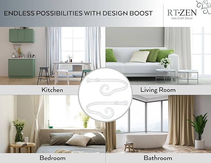 RTZEN Decorative Metal Curtain Tiebacks - Farmhouse Wrought Iron Curtain Holdbacks - Drapery Holders for Wall - Unique Metal Tie Backs for Curtains - 2 Pcs (White Classic)