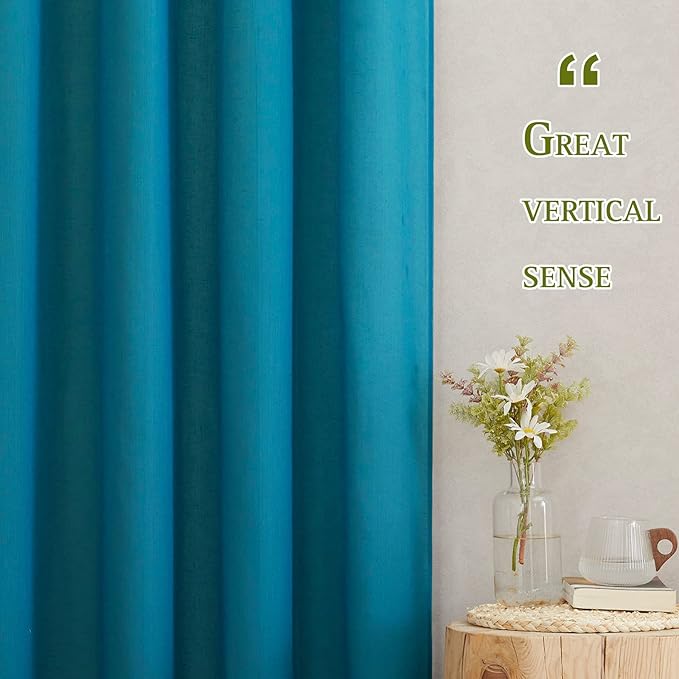 NICETOWN Semi Sheer Curtains Flax Linen Texture, (Peacock Green) Grommet Retro Linen Weave Window Drapes Privacy with Light Filtering for Living Room, 2 Panels, W52 x L96