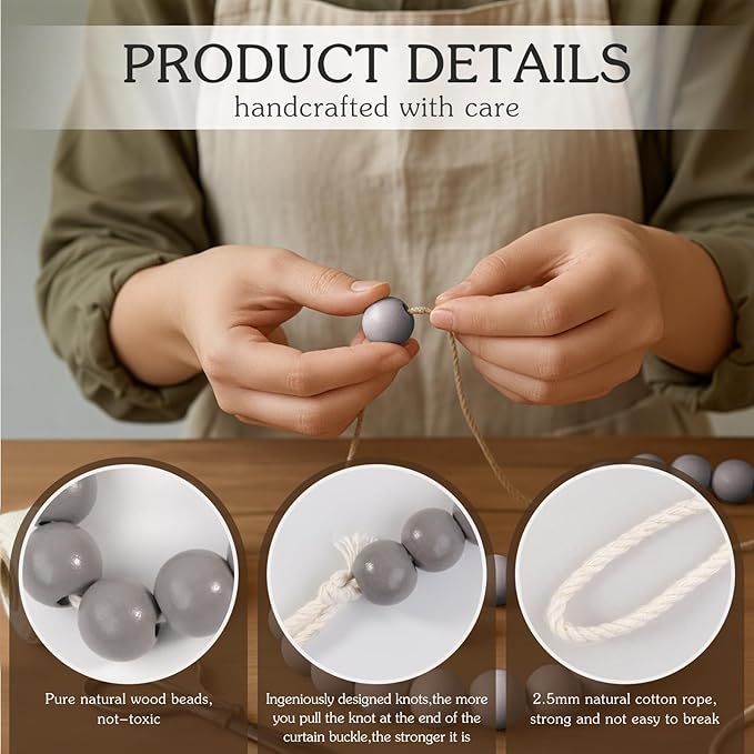 Hion 2 Pcs Boho Curtain Tiebacks,Wood Beads Curtain Holdbacks,Outdoor Farmhouse Tie Backs for Curtains,Curtain Holders for Drapes Home Office Room Decor with Hooks(Grey)