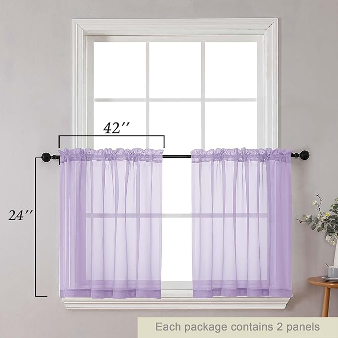Kitchen Curtains 24 Inch Length Tier 2 Pieces, Lavender Sheer Curtain Solid Soft Sheer Short Curtains for Windows, Cafe Bathroom Basement Rod Pocket Drapes, Lavender, Each 42" Wx24 L Inches
