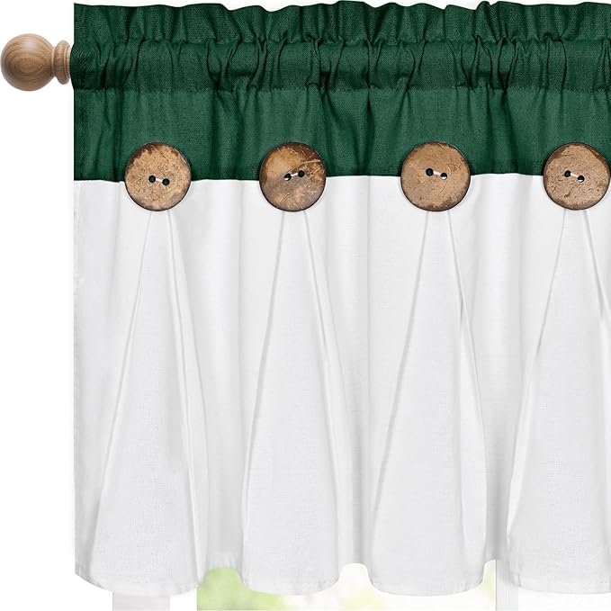 FRAMICS Farmhouse Valance Curtains, Boho Cotton Linen Kitchen Valance, Green Rustic Button Window Valances for Kitchen Bathroom, Country Rod Pocket Valances for Windows, Green and White, 52 x 18 Inch