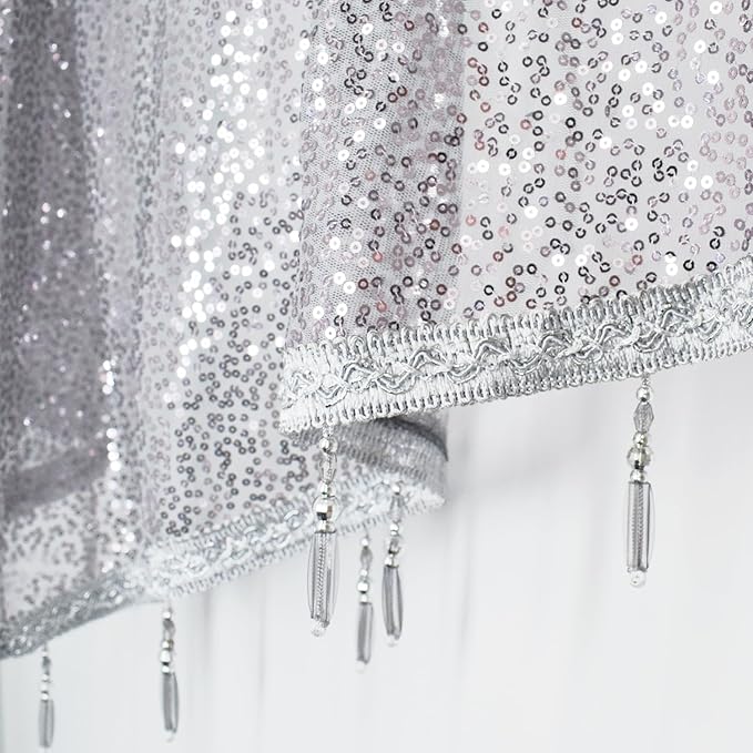 Molaxhome Swag Curtain 51 inch Length Rod Pocket Scalloped Curtain Valance Sheer Lace Panels with Hanging Crystal Beads for Kitchen Bedroom Window Treatments Drape Decor 1pc (Sequin Silver, 51Wx23L)