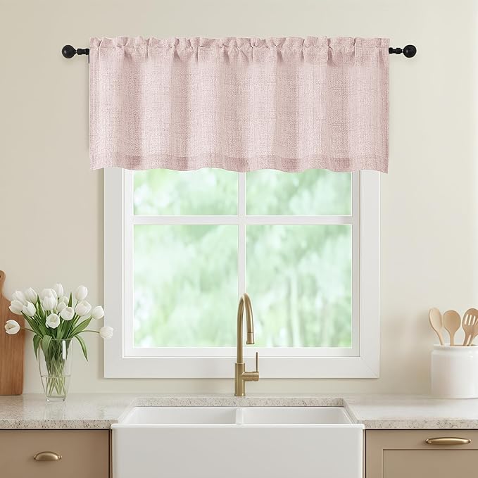 Blush Pink Valances for Windows, Light Filtering Faux Linen Textured Small Short Window Curtain for Bathroom Basement Farmhouse, Rod Pocket Half Curtains for Windows, 60Wx18L Inch