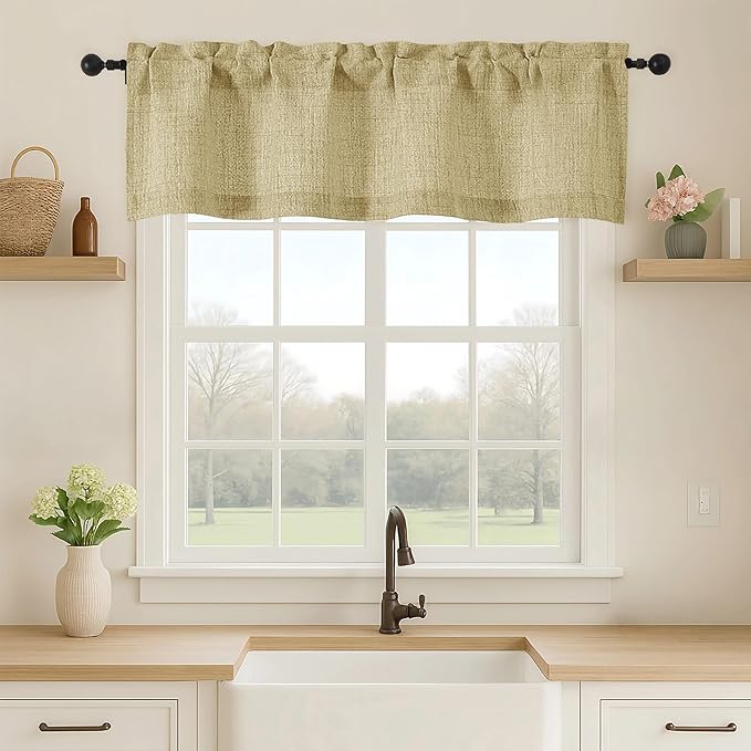 OVZME Valance for Windows, Light Filtering Faux Linen Textured Small Short Valance Kitchen Curtain, Dual Rod Pocket Top Short Window Curtain for Bathroom Basement Farmhouse, 52Wx14L Inch, Camel